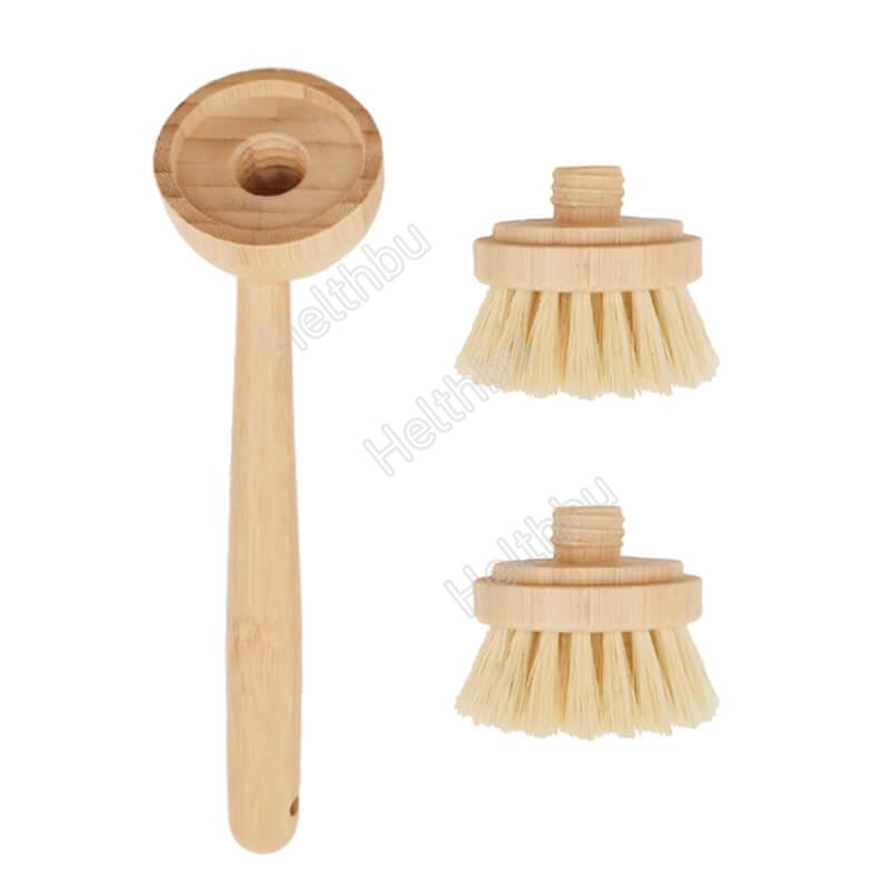 Wooden Bamboo Round Pot Dish Bowl Cleaning Brush with Handle Fruit